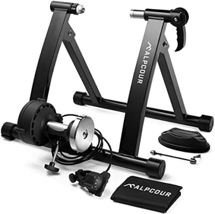 Alpcour Bike Trainer Stand for Indoor Riding – Portable Stainless Steel Indoor Trainer w/Magnetic Flywheel, Noise Reduction, 6 Resistance Settings & Bag – Stationary Exercise for Road & Mountain Bikes
