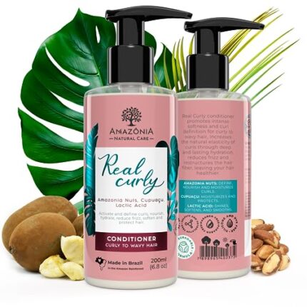 Amazonia Real Curly Conditioner - Moisturizing Conditioner for Curly Hair with Amazonia Nuts, Cupuacu & Lactic Acid - Curly Hair Conditioner for Women & Men Curl Enhancer for Smoother Curls 6.8oz