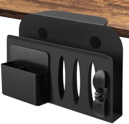 AnExer Desk Side Storage,Hanging Desk Organizer-No Drilling,Newest Under Desk Cable Management Tray,Laptop Stand Wire Vertical Storage with Pen Holder and Cable Clamp,Document Shelf for Office Home