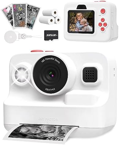 Anchioo Kids Camera Instant Print, 1080P Kids Digital Camera with Printer Paper, Christmas Birthday Gift for Girls Boys Age 3-12, Kids Print Camera Toy for 4 5 6 7 8 Year Old Boy, 32G SD Card - White