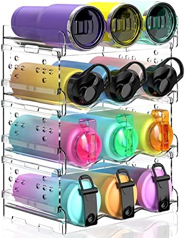 Areforic Water Bottle Organizer - 4 Pack Stackable Cup Organizer for Cabinet, Countertop, Pantry and Fridge, Free-Standing Tumbler Kitchen Storage Holder for Wine and Drink Bottles, Clear Plastic