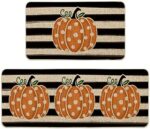 Artoid Mode Stripes Polka Dot Pumpkin Fall Kitchen Mats Set of 2, Thanksgiving Home Decor Low-Profile Kitchen Rugs for Floor - 17x29 and 17x47 Inch
