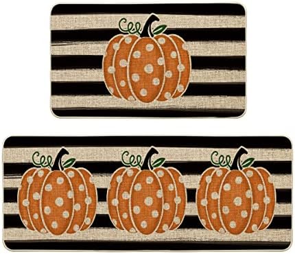 Artoid Mode Stripes Polka Dot Pumpkin Fall Kitchen Mats Set of 2, Thanksgiving Home Decor Low-Profile Kitchen Rugs for Floor - 17x29 and 17x47 Inch