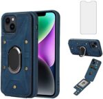 Asuwish Compatible with iPhone 15 Phone Case and Tempered Glass Screen Protector and Ring Stand Credit Card Holder Leather Magnetic Wallet Cover for iPhone15 5G i i-Phone i15 15Case Women Men Blue