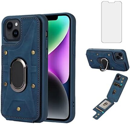 Asuwish Compatible with iPhone 15 Phone Case and Tempered Glass Screen Protector and Ring Stand Credit Card Holder Leather Magnetic Wallet Cover for iPhone15 5G i i-Phone i15 15Case Women Men Blue