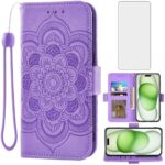 Asuwish Compatible with iPhone 15 Plus 6.7 inch Wallet Case and Tempered Glass Screen Protector Flip Card Holder Cell Phone Cover for i-Phone 15+ iPhone15Plus 5G i i15 + iPhone15 15Plus Women Purple