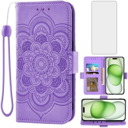 Asuwish Compatible with iPhone 15 Plus 6.7 inch Wallet Case and Tempered Glass Screen Protector Flip Card Holder Cell Phone Cover for i-Phone 15+ iPhone15Plus 5G i i15 + iPhone15 15Plus Women Purple