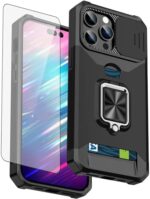 Asuwish Compatible with iPhone 15 Pro Max 6.7 inch Case and Tempered Glass Screen Protector Card Holder Ring Cell Phone Cover for iPhone15promax 5G i Phone15Max Plus iPhone15 ProMax Women Men Black