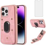 Asuwish Compatible with iPhone 15 Pro Max 6.7 inch Phone Case and Tempered Glass Screen Protector and Ring Stand Card Holder Wallet Cover for iPhone15promax 5G i Phone15Max Plus iPhone15 ProMax Pink