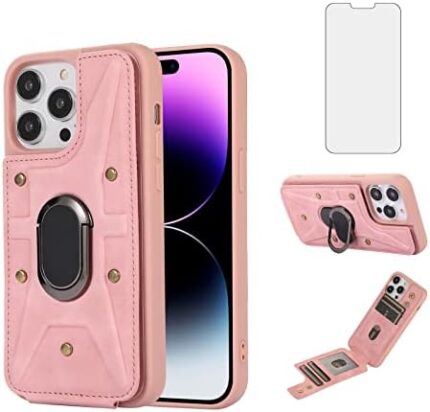 Asuwish Compatible with iPhone 15 Pro Max 6.7 inch Phone Case and Tempered Glass Screen Protector and Ring Stand Card Holder Wallet Cover for iPhone15promax 5G i Phone15Max Plus iPhone15 ProMax Pink