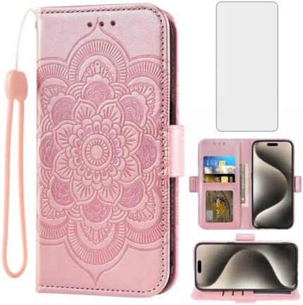 Asuwish Compatible with iPhone 15 Pro Max 6.7 inch Wallet Case and Tempered Glass Screen Protector Flip Card Holder Cell Phone Cover for iPhone15promax 5G i Phone15Max Plus iPhone15 ProMax Rose Gold