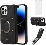 Asuwish Compatible with iPhone 15 Pro Phone Case and Tempered Glass Screen Protector and Ring Credit Card Holder Leather Wallet Cover for iPhone15Pro 5G i i-Phone i15 iPhone15 15Pro Women Men Black
