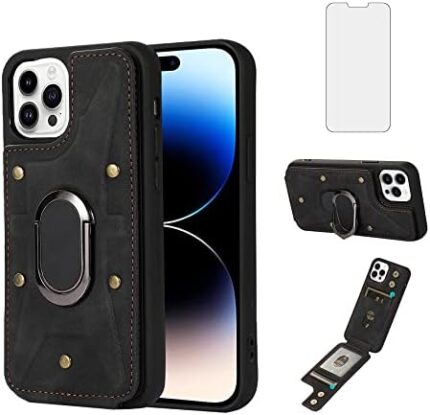 Asuwish Compatible with iPhone 15 Pro Phone Case and Tempered Glass Screen Protector and Ring Credit Card Holder Leather Wallet Cover for iPhone15Pro 5G i i-Phone i15 iPhone15 15Pro Women Men Black
