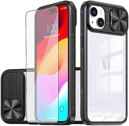 Asuwish Phone Case for iPhone 15 6.1 inch with Screen Protector Cover Camera Cover Slide 360 Full Body Protection Slim Clear Bumper Cell Accessories iPhone15 5G i i-Phone i15 15Case Women Men Black