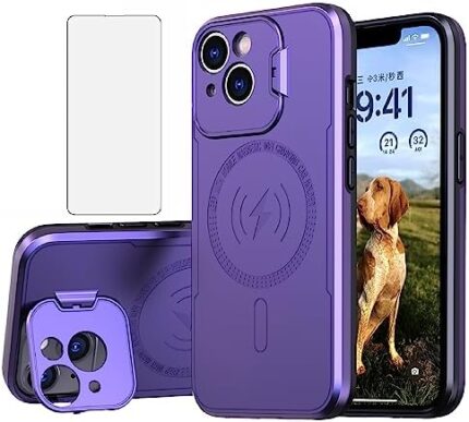 Asuwish Phone Case for iPhone 15 Plus 6.7 inch with Magsafe Tempered Glass Screen Protector and Stand Slim Cell Cover Built in Kick i-Phone 15+ iPhone15Plus 5G i i15 + iPhone15 15Plus Women Men Purple