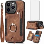 Asuwish Phone Case for iPhone 15 Pro 6.1 inch Wallet Cover with Screen Protector and Wrist Strap Lanyard RFID Credit Card Holder Ring Stand iPhone15Pro 5G i i-Phone i15 iPhone15 15Pro Women Men Brown