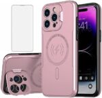 Asuwish Phone Case for iPhone 15 Pro Max 6.7 inch with Magsafe Tempered Glass Screen Protector and Stand Slim Cell Accessories Cover iPhone15promax 5G i Phone15Max Plus iPhone15 ProMax Women Men Pink