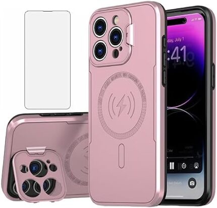 Asuwish Phone Case for iPhone 15 Pro Max 6.7 inch with Magsafe Tempered Glass Screen Protector and Stand Slim Cell Accessories Cover iPhone15promax 5G i Phone15Max Plus iPhone15 ProMax Women Men Pink