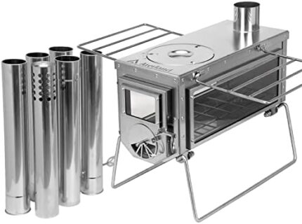Aterland Wood Stove Portable Camping Tent Stoves, Foldable Wood Burning Stove for Cooking, 304 Stainless Steel Fireplace for Outdoor Backpacking Hunting, 6.2ft Chimney Pipes Included
