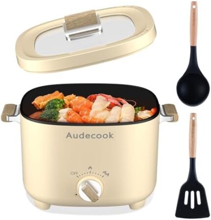 Audecook Hot Pot Electric, 2.5L Portable Nonstick Multicooker, Shabu-Shabu Pot, Travel Electric Skillet with Dual Power Temperature Control for Noodles/Soup/Egg/Steak/Oatmeal/Porridge(Beige)