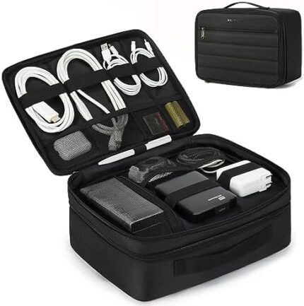 BAGSMART Electronics Travel Organizer Double Layer Charger Organizer Bag Large Tech Organizer Pouch Portable Electronics Accessories Case Cord Storage Bag with Handle for Tablet, Earphone, Black