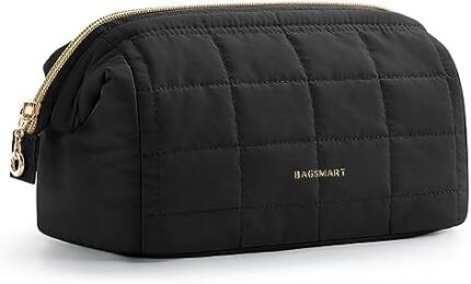 BAGSMART Makeup Bag Travel Cosmetic Bag, Puffy Padded Make Up Bags for Women Large Capacity Makeup Organizer Case, Wide-open Puffer Pouch for Purse Storage Travel Essentials Dorm Toiletries Accessories Brushes,Black