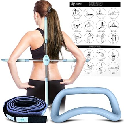 BAMBIKI Stretch Set of 3– Posture Corrector, Yoga Stick Stretching Tool – Stretching Ring – Stretch Strap with Carry Bag– Perfect for Yoga, Pilates and Physical Therapy (Blue)