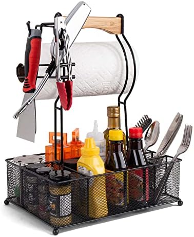 BBQ Caddy Grill For Organizing Utensils, Paper Towels, Accessories, Condiments, Kitchen Tools, Camping, Picnic, Outdoor Grilling, Heavy Duty Steel Frame Mesh Finley Crafted Bamboo Wood Carrying Handle