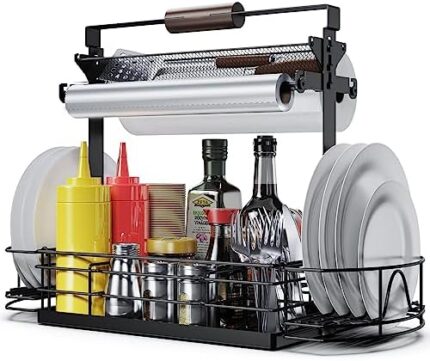 BBQ Grill Caddy, Condiment Caddy with Paper Towel Holders, Picnic Utensil Caddy for Outdoor Camping, Griddle Grilling Tool Organizer, Ideal for Barbecue Accessories Storage, Rv Patio Camper Must Haves