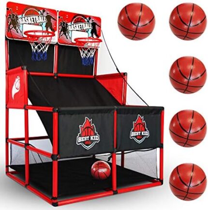 BESTKID BALL Kids Basketball Hoop Double Shot System Arcade Game Set: Indoor & Outdoor Sports Toys for Boys & Girls, Includes Ball & Shot Counter, Ideal Party Gifts for Little Athletes Ages 3-9.