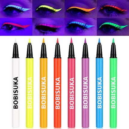 BOBISUKA 8 Colors UV Neon Glow Liquid Eyeliner Set, Matte Colored Eyeliners Pen, Colorful Waterproof Smudge-proof Pigmented Graphic Liners, Delineadores de Colores Para Ojos Eye Makeup Gift Kit