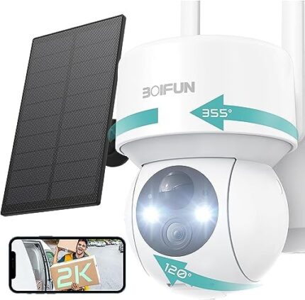 BOIFUN Solar Security Camera Wireless Outdoor, Smart AI Detection 2K WiFi 360° PTZ, Solar Powered Security Camera with Spotlight & Siren, Color Night Vision, 2 Way Audio, 10000mAh Battery, Alexa