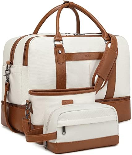 BOVIP Weekender Bag Overnight Bag Large Canvas Travel Bag Duffel Bag with Shoe Compartment Carry On Tote for Women 3-IN-1 Beige Set