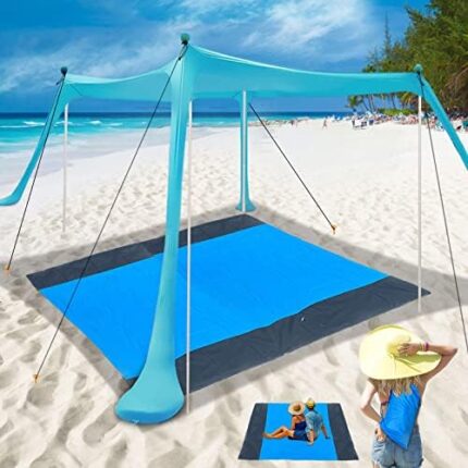 BRONOM Beach Canopy Beach Tent 11X11 FT Beach Shade Canopy UPF50+ Sun Protection Include 4 Poles Beach Blanket Windproof Ropes Carry Bag Ground Pegs Easy Installation for Outdoor Camping