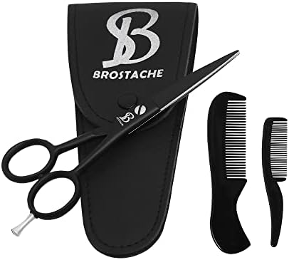 BROSTACHE Beard & Mustache Scissors for Men 5”, 2 comb & Beautiful Travel Pouch, Hand forged with Bevel edge For precision, Extremely Sharp Scissors & Adjustable Screw (Sliver)