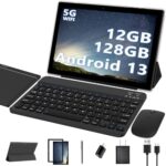 BYANDBY Android 13 Tablet 10 Inch，2 in 1 Tablet with Keyboard 12GB+128GB+512GB Expandable 5G WiFi 6,IPS Touch, Dual Camera Computer Tablets with Case (Black)