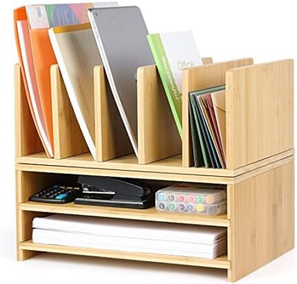 Bamboo Office Desk Accessories Workspace Organizer with Storage Drawers,2 Paper Tray and 5 Upright Slots,File Sorter Folder Holders Desktop Organization,Desk Supplies for Women Office Home School…