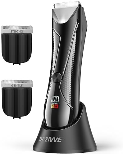 Bazivve Body Hair Trimmer for Men, Electric Groin Hair Timmer Razor with Replaceable Ceramic Blade Heads, LED Light, USB Recharge Dock, IPX7 Waterproof Grooming Kit for Ball/Pubic/Groin