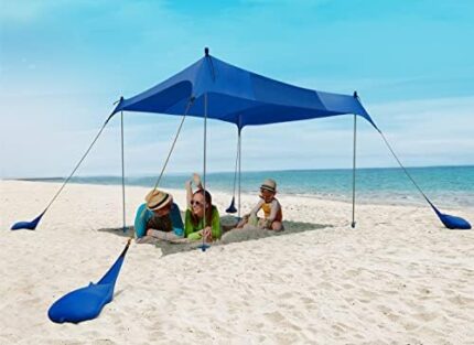 Beach Canopy Tent Sun Shade - Rihogar Beach Tent Sun Shelter Upf50+, 10×10 FT, 4 Stability Aluminum Poles with Reinforced Anchoring Base for Beach, Camping, Backyard and Picnics, Royal Blue, Upgraded
