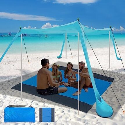 Beach Canopy Tent Sun Shade with Beach Blanket, Beach Tent Sun Shelter 11x11 FT with UPF 50+ UV Protection, Beach Shade Canopy for Beach, Camping, Backyard and Picnics.
