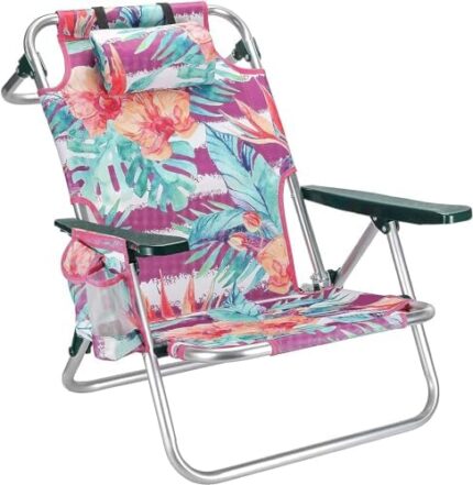 Beach Chairs for Adults Heavy Duty Support 300LBS, Backpack Beach Chair No Assembly, Low Beach Chair Folding Beach Chair, with Towel bar, Storage Pouch and Head Rest Pillow, Red