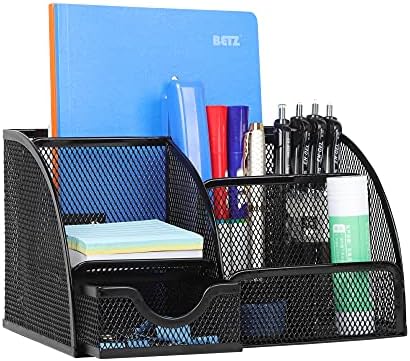 Beiz Desk Organizer Caddy and Accessories Holder with Storage Drawer + 6 Compartments, Pen Organizer w/Sticky Note Tray, Desk Essential to Collect Desk Supplies for Office Home Dorm Room, Black