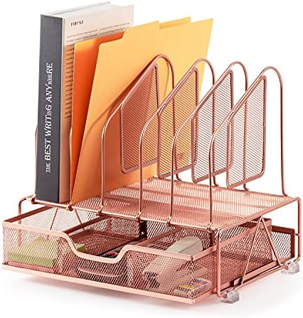 Beiz Rose Gold Desk Organizer and Accessories Storage with 5 Vertical File Folder Holders, Paper Tray, Drawer for Women Office, Home, Dorm, Workspace to Collect Office Supplies