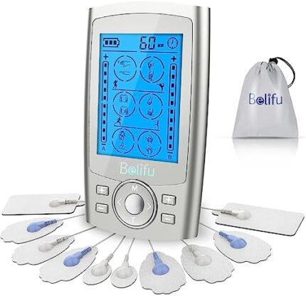 Belifu Dual Channel TENS EMS Unit 24 Modes Muscle Stimulator for Pain Relief Therapy, Electronic Pulse Massager Muscle Massager with 10 Pads, Dust-Proof Drawstring Storage Bag, Fastening Cable Ties