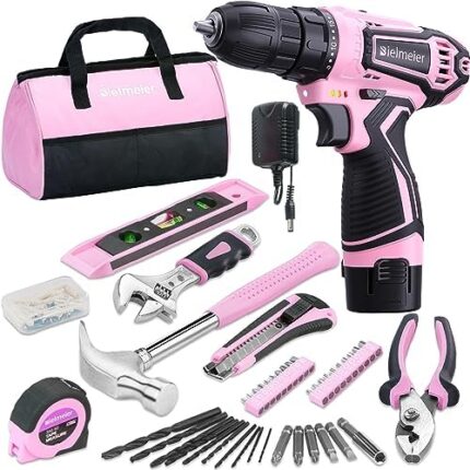 Bielmeier 12V Pink Cordless Drill Kit for Women - Essential Tools for DIY and House Projects, Ladies Tool Set with Pink Accessories, Perfect for Home Maintenance and Crafting