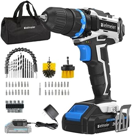 Bielmeier 20V MAX Cordless Drill Set, Drill kit with Lithium-Ion and charger,3/8 inches Keyless Chuck, Electric Drill with 2-variable speed switch LED Drill 2 pcs Brush and 58pcs Drill Bits