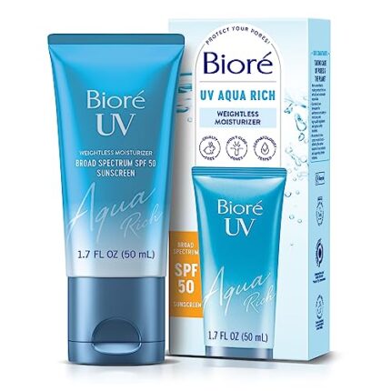 Biore UV Aqua Rich SPF 50 Moisturizing Sunscreen for Face, Oxybenzone & Octinoxate Free, Dermatologist Tested, Vegan, Cruelty Free, For Sensitive Skin, 1.7 Oz