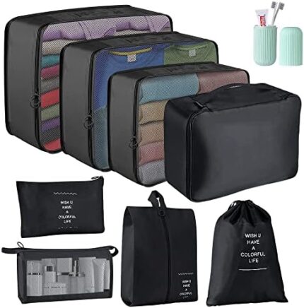 Blibly Packing Cubes for Suitcase, 9 PCS Lightweight Travel Luggage Organizers Set, Waterproof Luggage Packing Cubes for Travel Accessories(Black)
