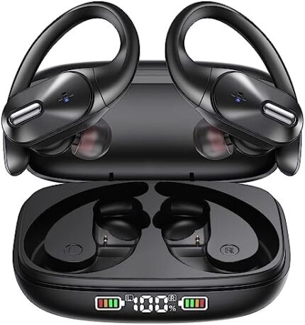 Bluetooth Headphones Wireless Earbuds Bass Stereo Sound with Wireless Charging Case 48H Playback Earphones LED Display With Built in Mic and Over Earhooks Waterproof Headset for Running Workout Sports
