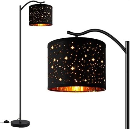 BoostArea Floor Lamp for Living Room,8W LED Arched Tall Modern Standing Lamp with Bohemian Linen Shade, E26 Socket, Footswitch,Black Mid Century Floor Lamp for Bedrooms,Office,Star Shade